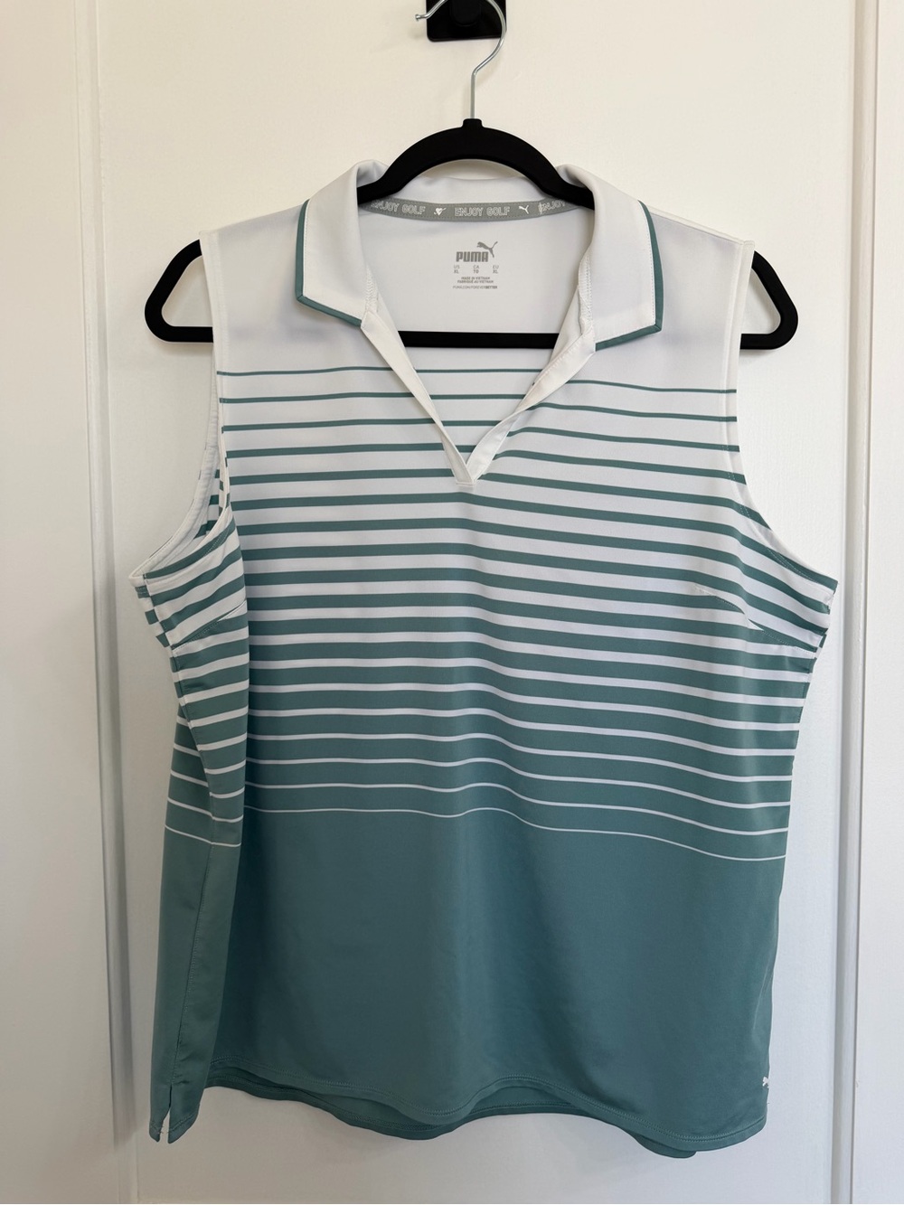 Puma Teal and White Sleeveless Striped Golf Polo